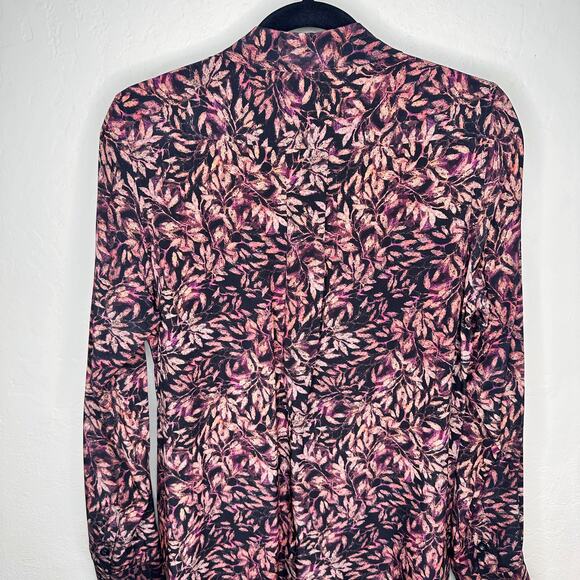 Peruvian Connection Leaf Print Silk Long Sleeve Collared Tunic Shirt Dress Med - Picture 10 of 14